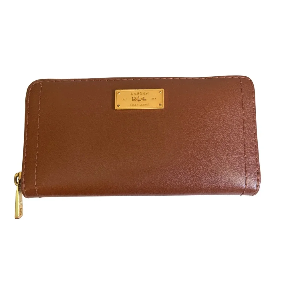 Lauren Ralph Lauren Brown Leather Zip Around Wallet Gold Logo Plaque Cognac